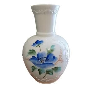 Vintage Hand Painted Floral Vase White Blue 6" MCM Cottage Elegant Renaissance